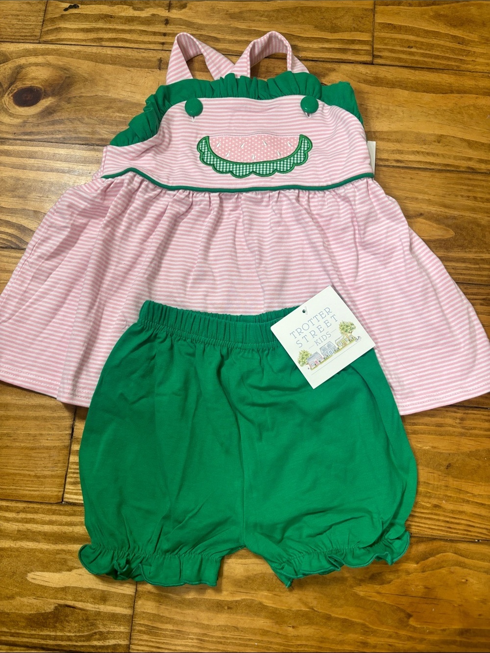 NWT Trotter Street Kids 3T Pink & White Striped Watermelon Top w/Green Shorts